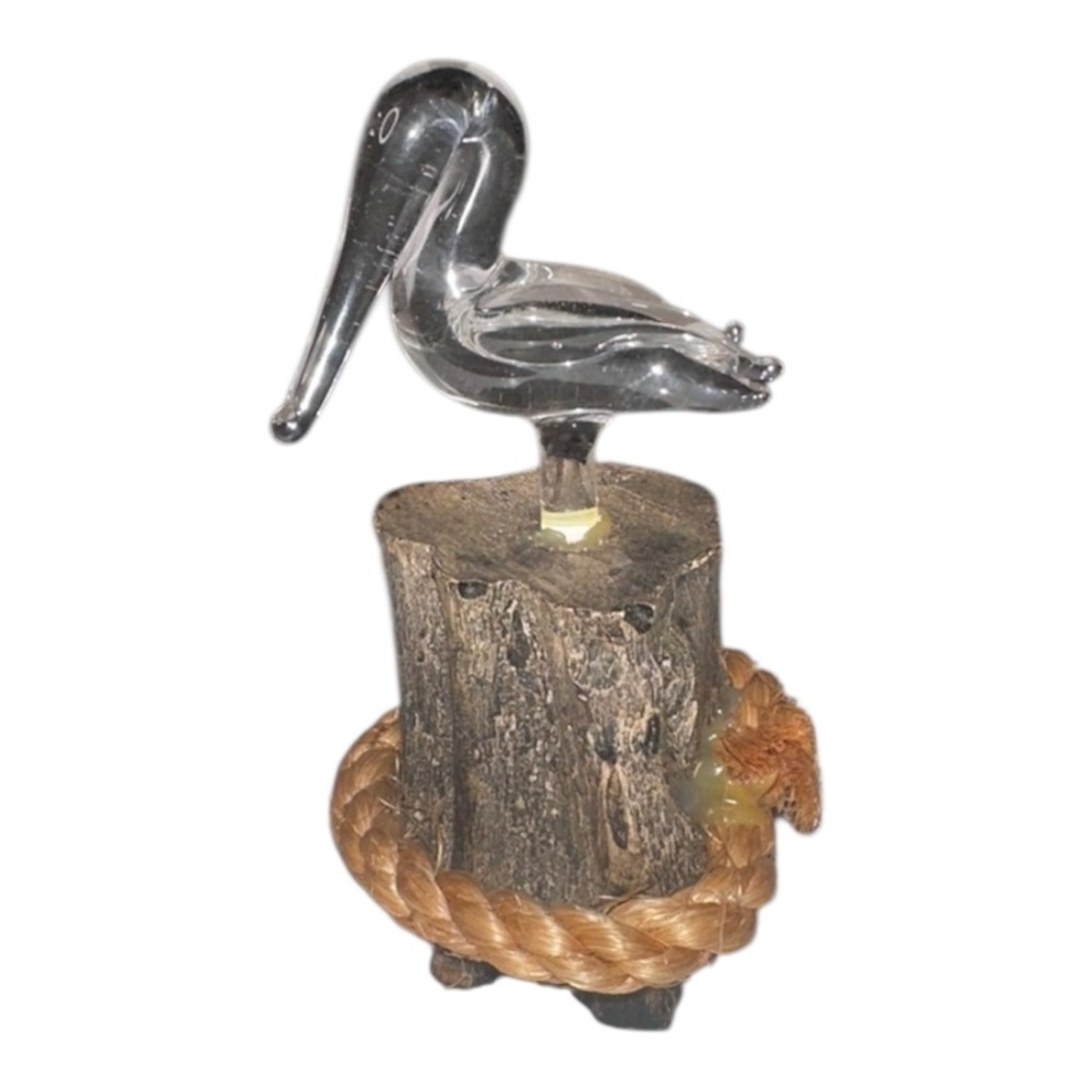 Hand Blown Glass Pelican Figurine Mounted on Wooden Base with Nautical Rope